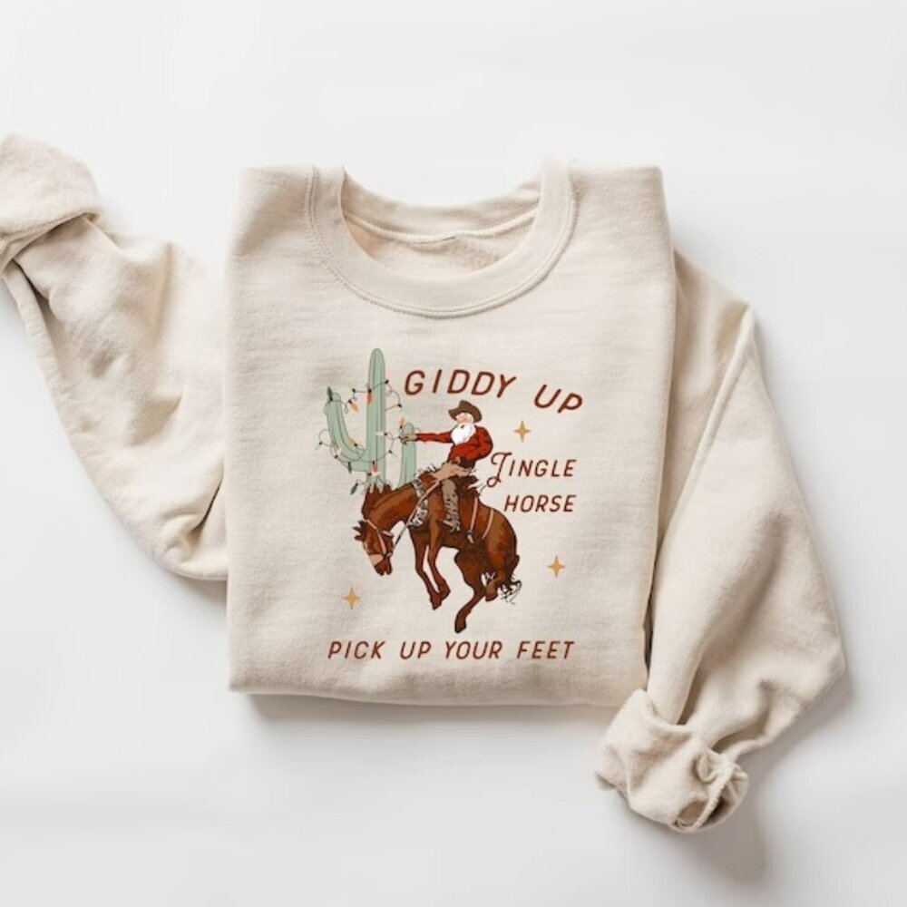 Cowboy Christmas Sweatshirt Giddy Up Jingle Horse Pick Up Your Feet Howdy 17